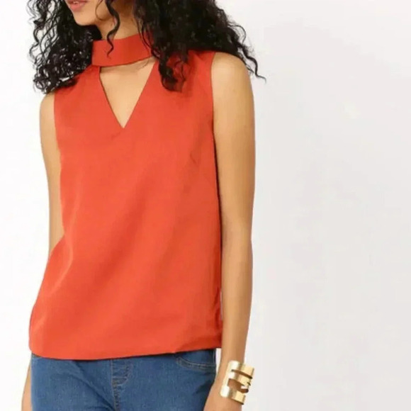 Lulus Tops - Lulus‎ Choker Collar V-Neck Blouse Orange  Sleeveless Top Sz L Lightweight Girly